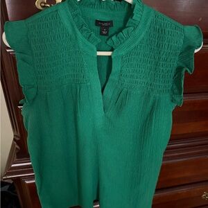 Ann Taylor Factory Green Smocked Cap Sleeve Blouse